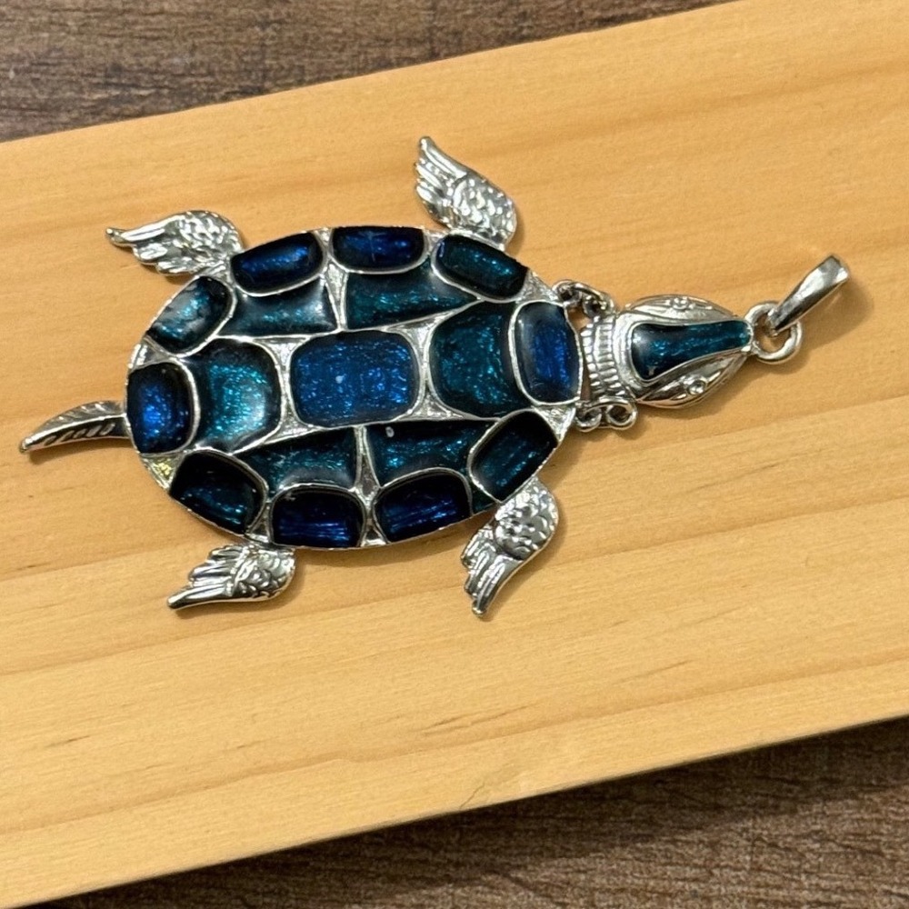 Silver Tone Blue Green Enamel Sea Turtle Pendant Articulated Coastal Charm